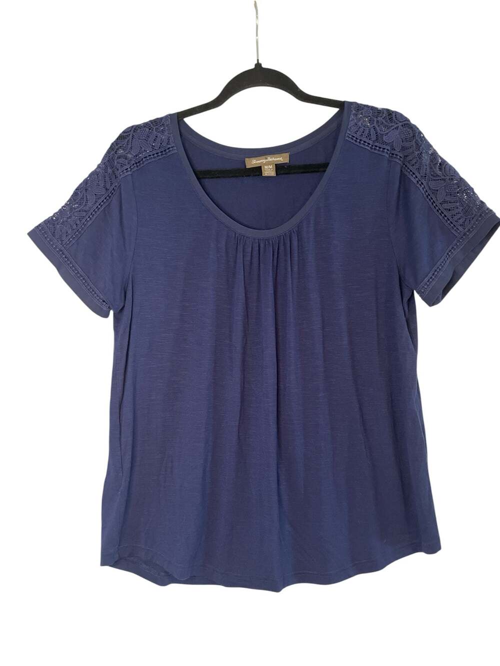 Tommy Bahama Navy Blue Knit Top with Crochet Lace Shoulder Detail (FB1)